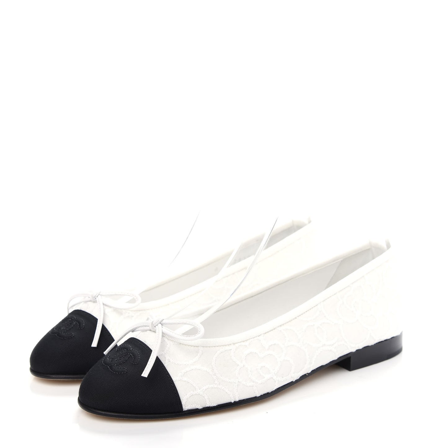 Fabric Camellia Embroidered Cap Toe Ballerina Flats 37 White Black