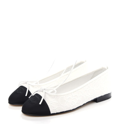 Chanel Fabric Camellia Embroidered Cap Toe Ballerina Flats 37 White Black 3 of 10