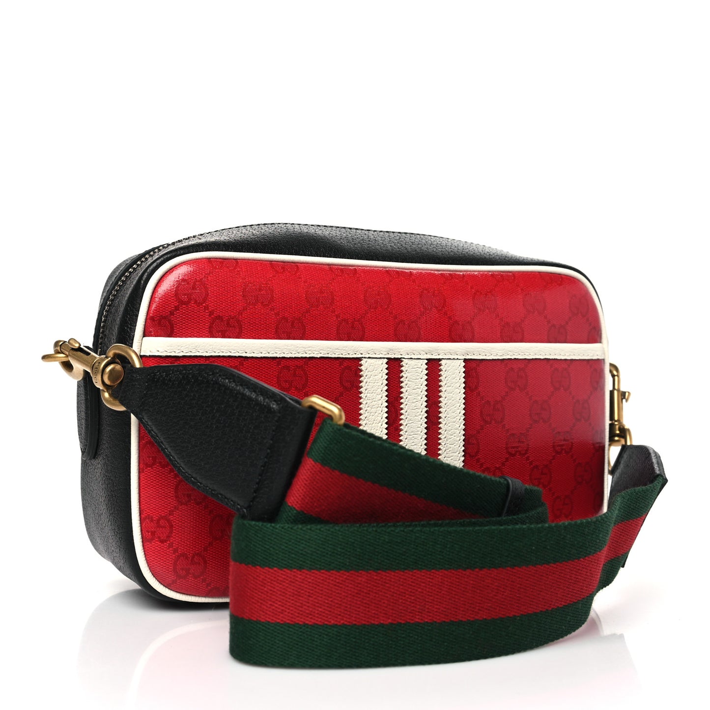 X ADIDAS Crystal Vintage Monogram Textured Dollar Calfskin Web Trefoil Logo Small Messenger Bag Hibiscus Red Off White Black