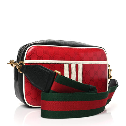 Gucci X ADIDAS Crystal Vintage Monogram Textured Dollar Calfskin Web Trefoil Logo Small Messenger Bag Hibiscus Red Off White Black 3 of 10