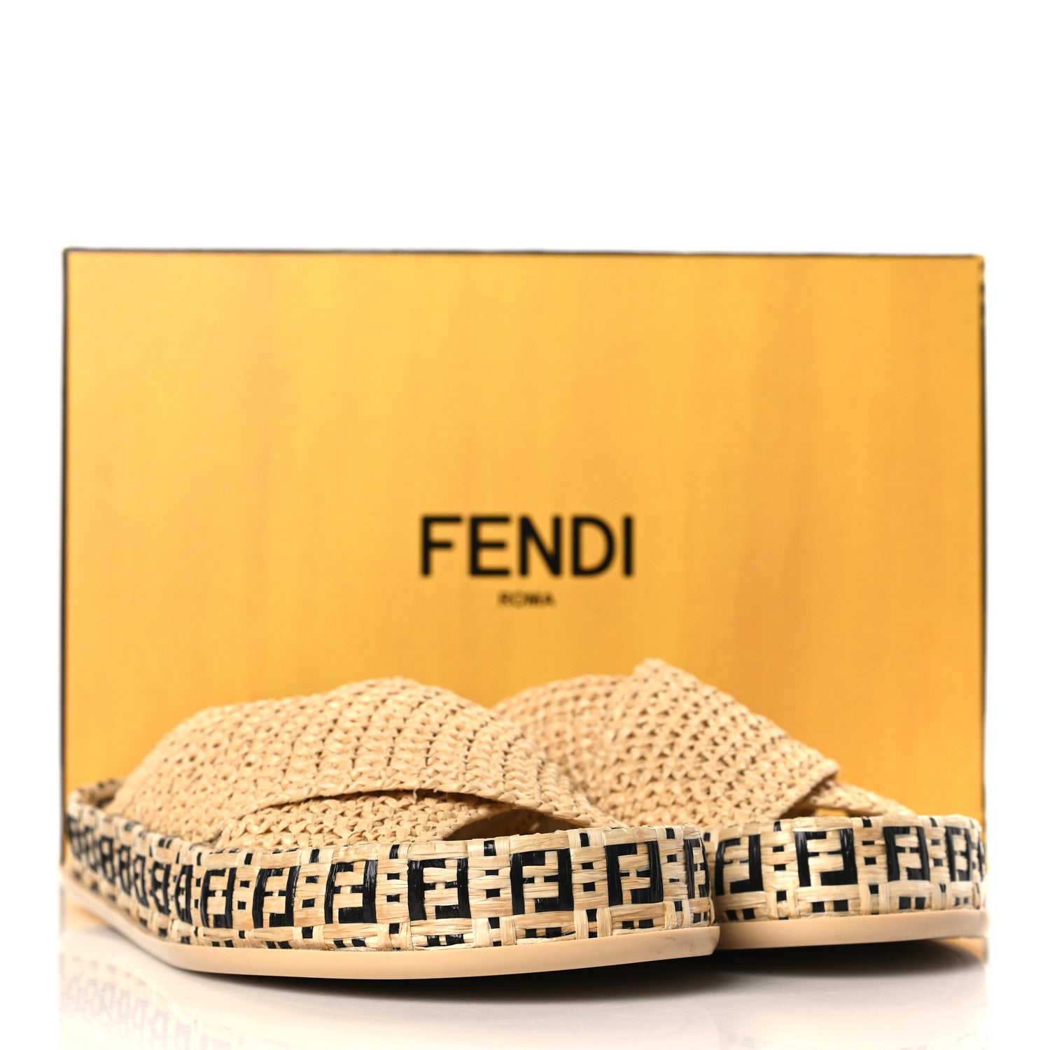 Fendi Raffia FF Woven Reflections Crisscross Slide Sandals 37 Naturale Black 7 of 7