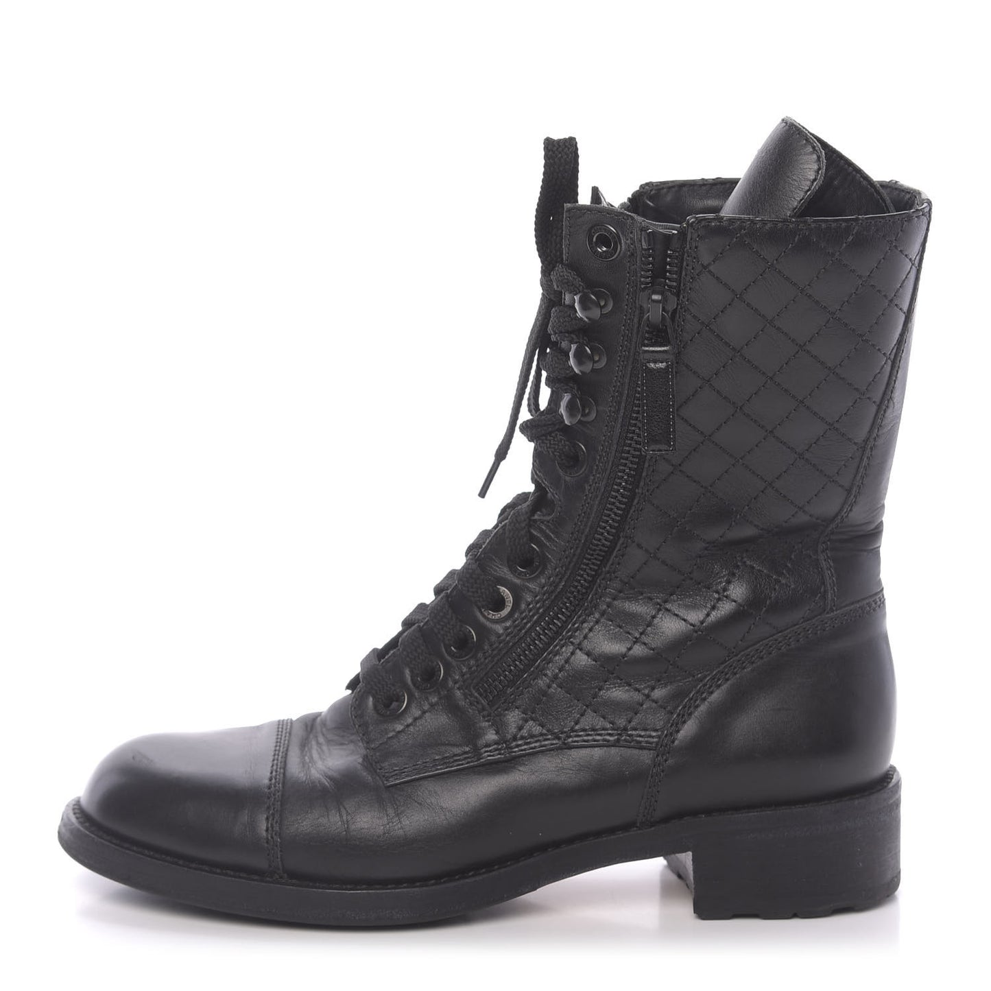 Calfskin Quilted Cap Toe Combat Boots 40 Black