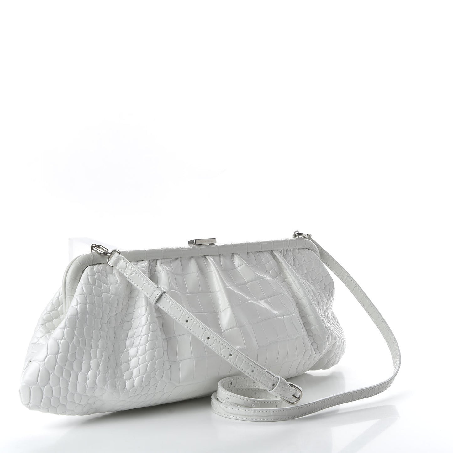 Shiny Supple Calfskin Logo Crocodile Embossed XL Cloud Clutch White