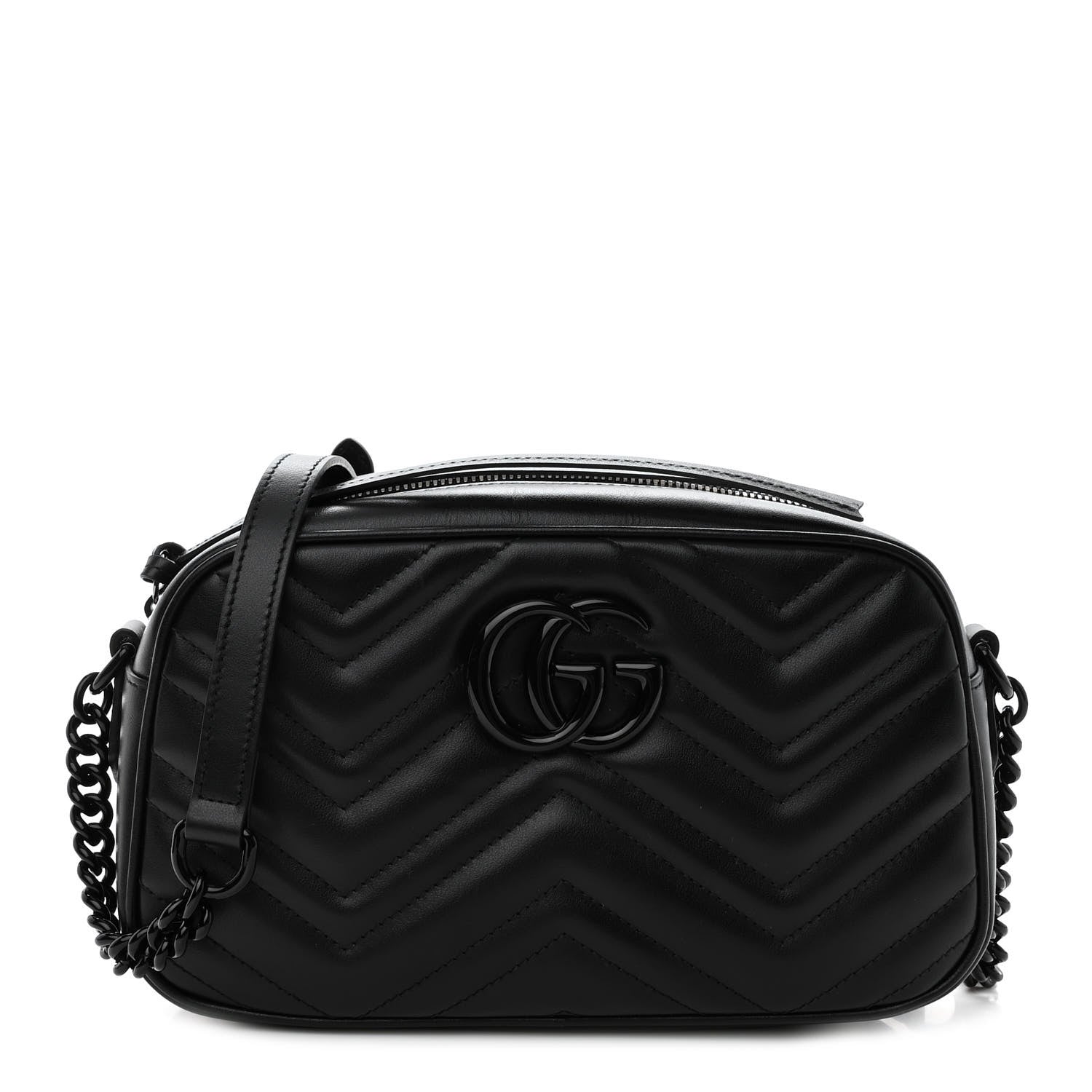 Gucci Calfskin Matelasse Monochrome Small GG Marmont Chain Shoulder Bag Black 1 of 9
