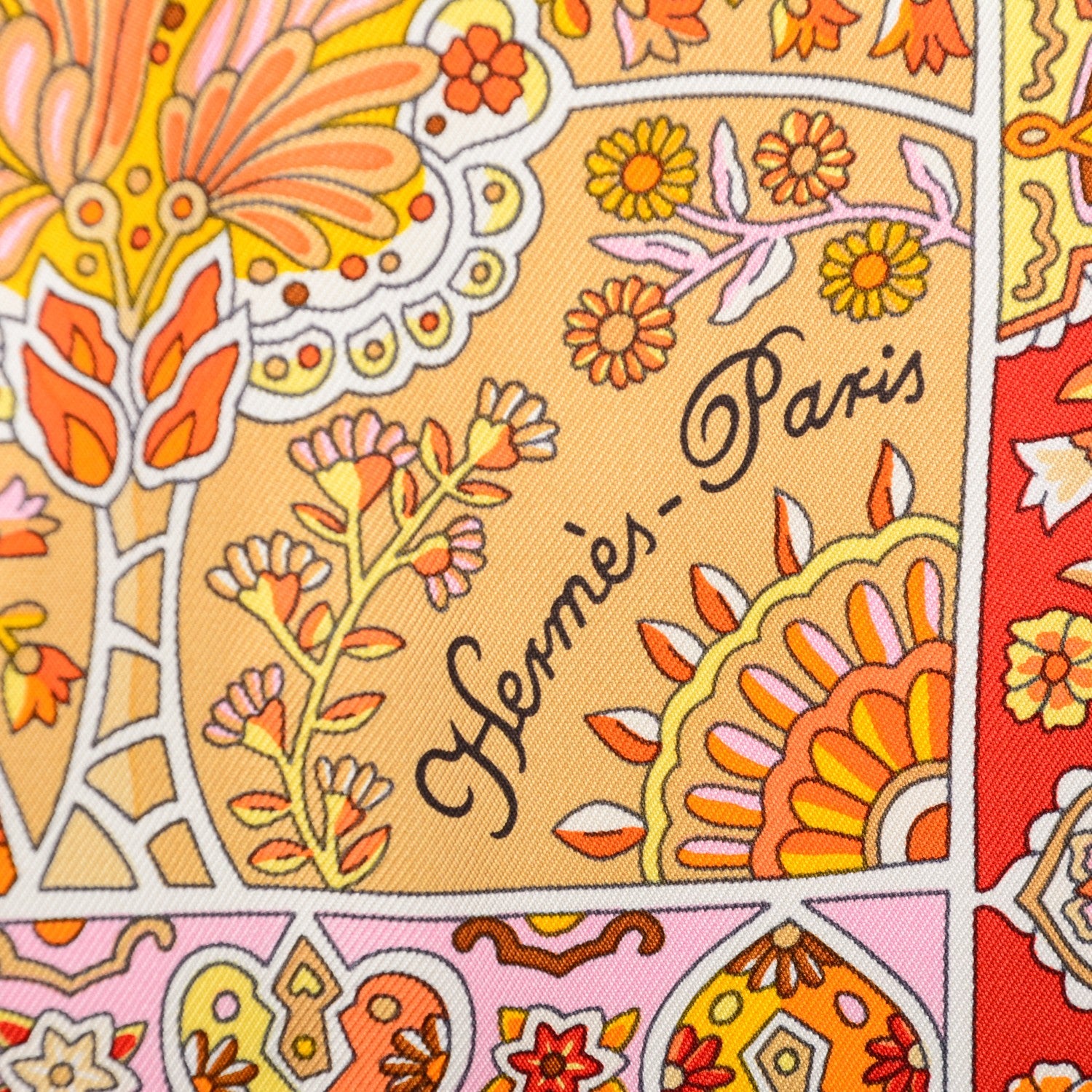 Hermes Silk Au Pays Des Oiseaux Fleurs Scarf 90 Beige Rose Orange 4 of 6
