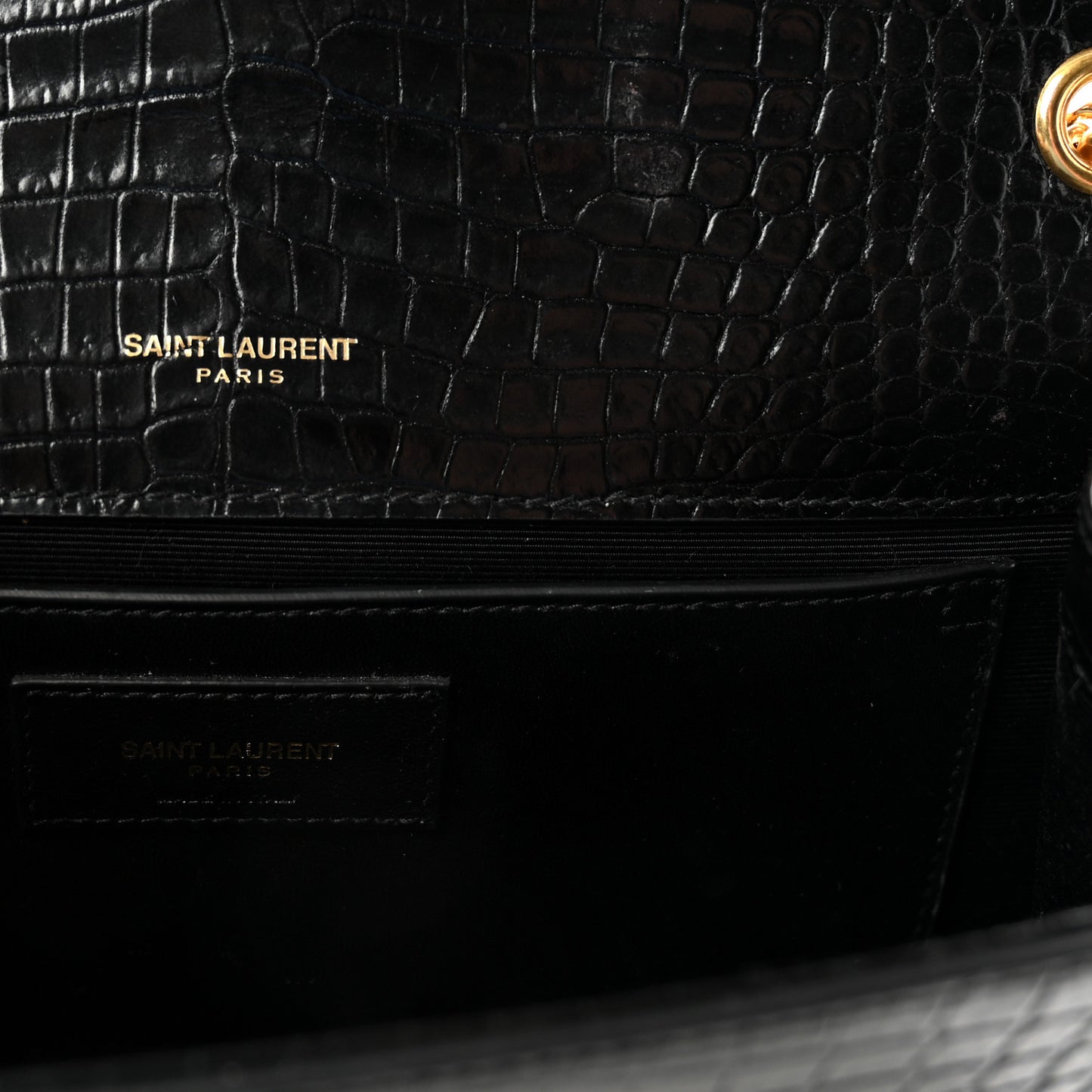 Calfskin Crocodile Embossed Medium Classic Monogram Kate Tassel Satchel Black