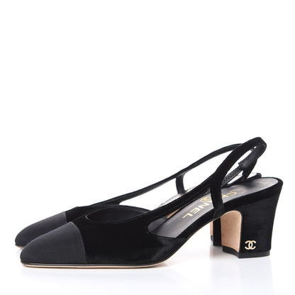 Chanel Velvet Grosgrain Cap Toe CC Slingback Pumps 37 Black 3 of 10