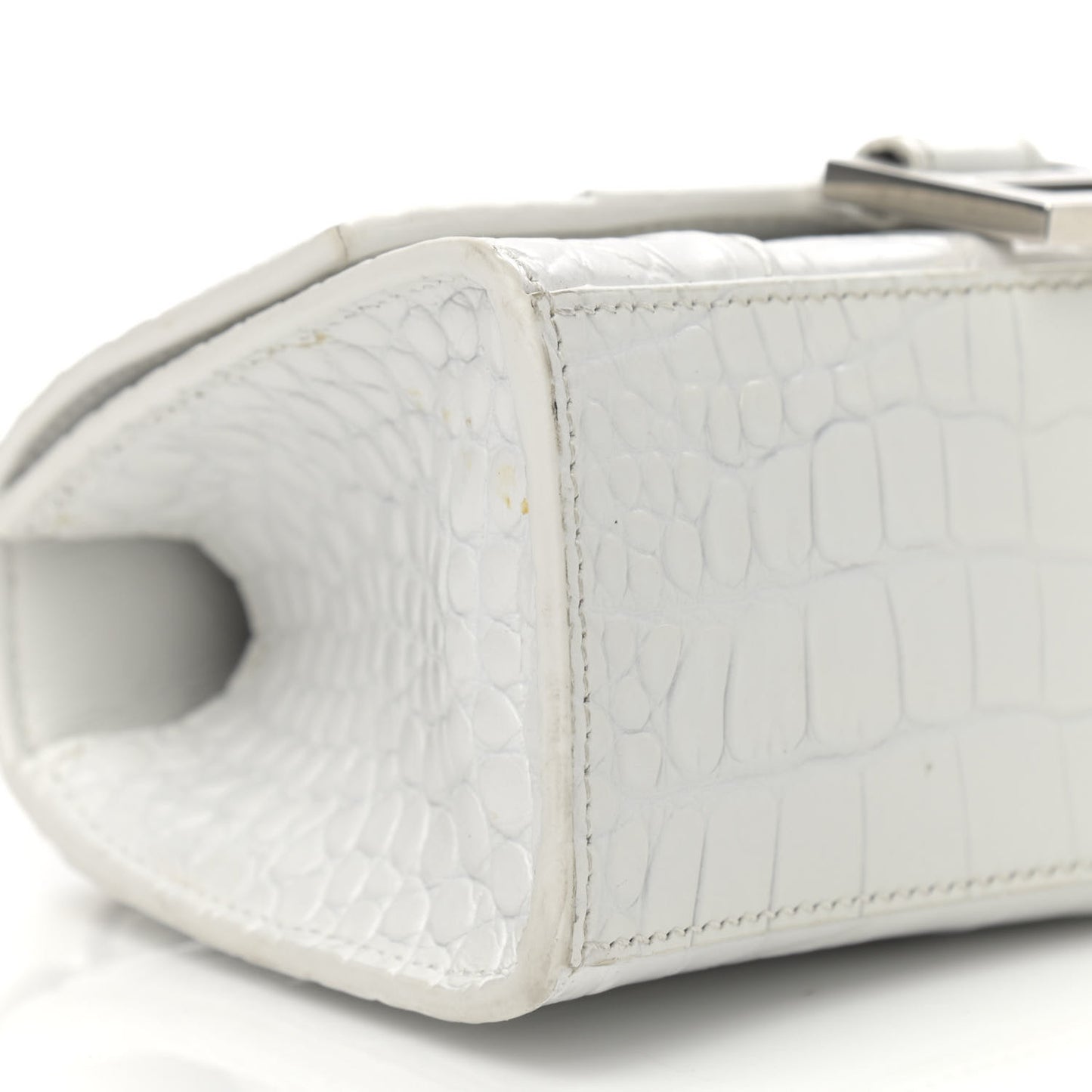 Shiny Calfskin Crocodile Embossed Hourglass Top Handle Bag XS White