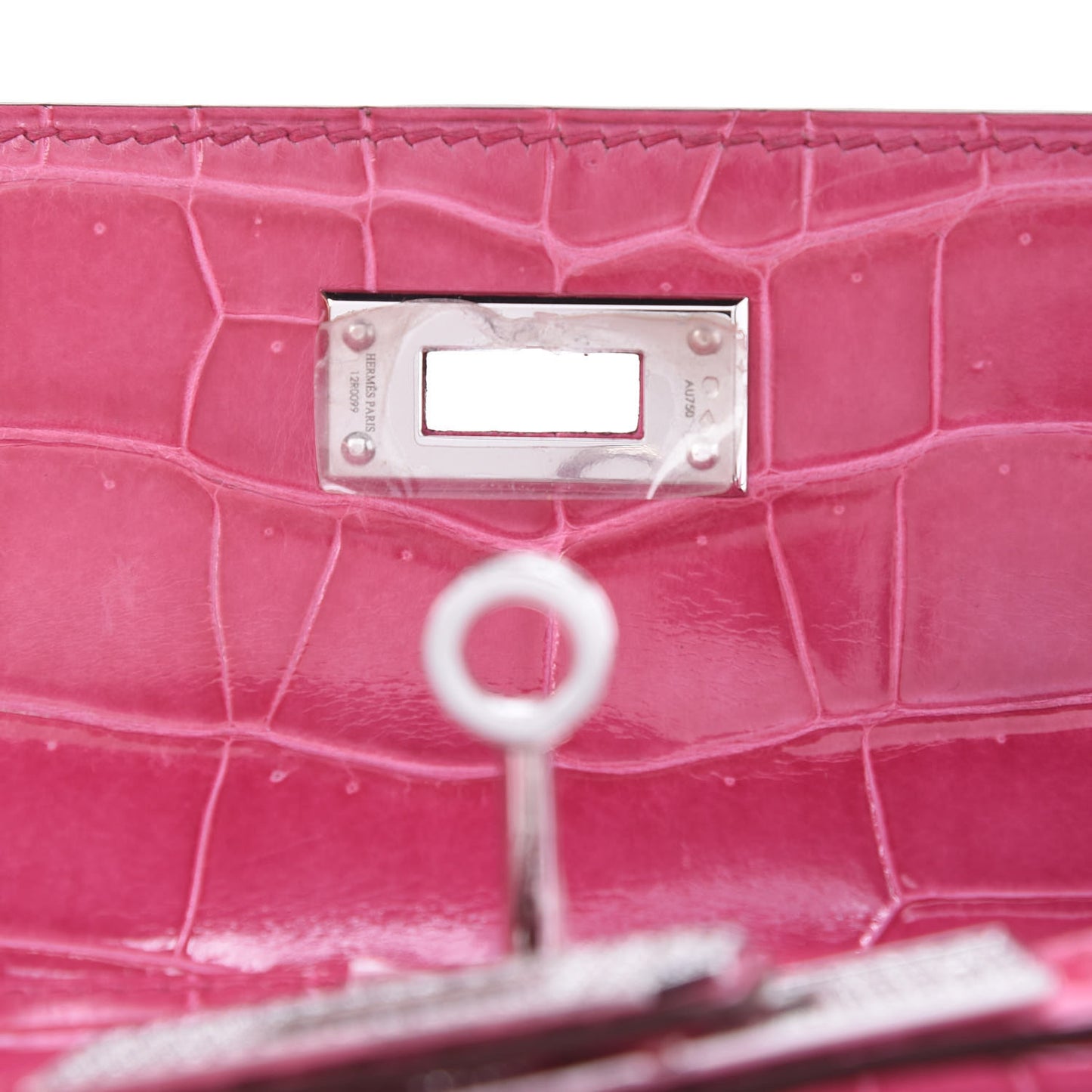 Shiny Porosus Crocodile 18K White Gold Diamond Kelly Cut Pochette Rose Tyrien