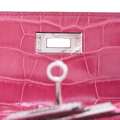 Hermes Shiny Porosus Crocodile 18K White Gold Diamond Kelly Cut Pochette Rose Tyrien 18 of 27