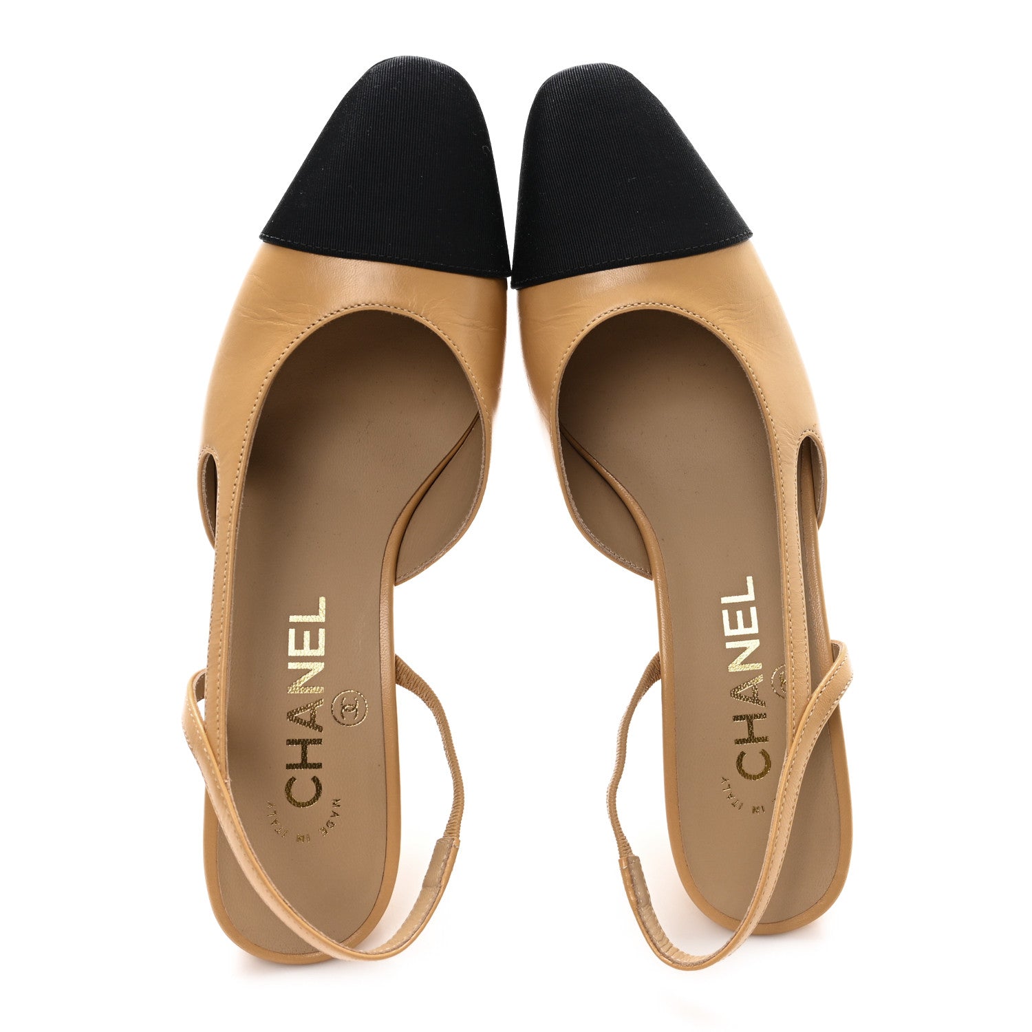 Chanel Lambskin Grosgrain Cap Toe CC Slingback Pumps 36 Beige Black 2 of 9