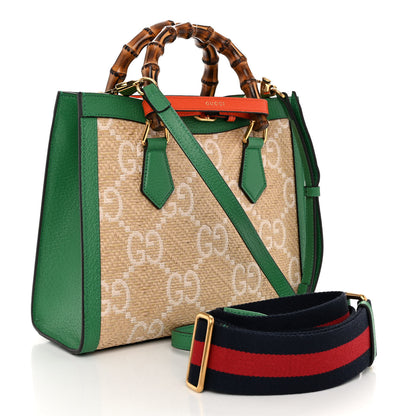 Gucci Raffia Textured Dollar Calfskin Web GG Monogram Small Diana Tote Bag Natural White New Shamarock Deep Orange 3 of 9