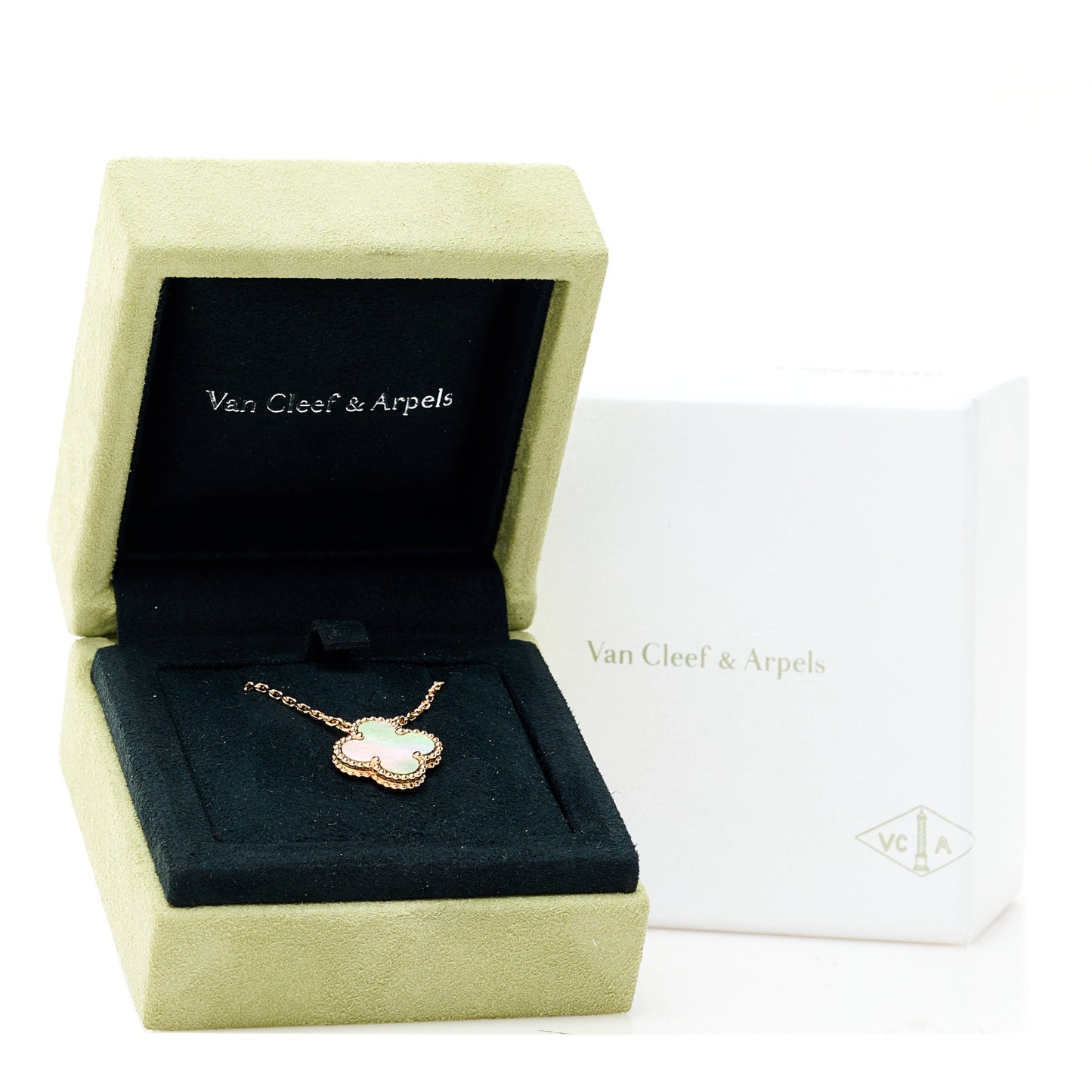 18K Rose Gold Gray Mother of Pearl Vintage Alhambra Pendant Necklace