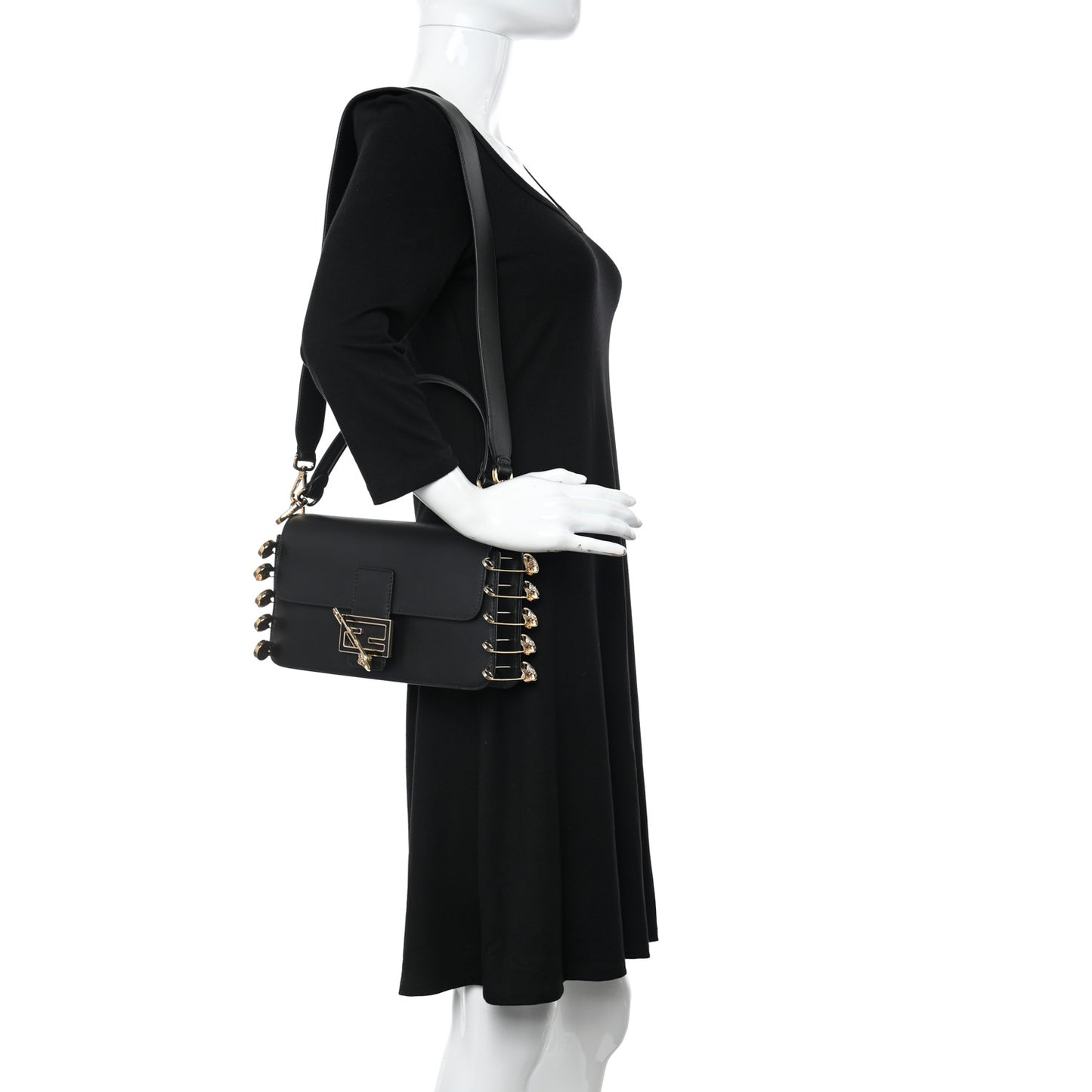 X VERSACE Vitello Seta Fendace Brooch Baguette Black