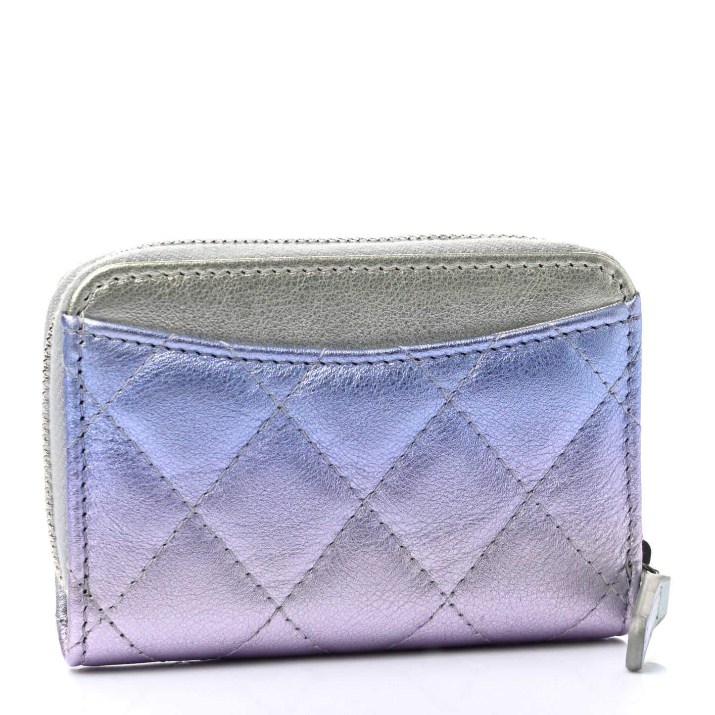 Gradient Metallic Calfskin Quilted Zip Around Coin Purse Wallet Silver Blue Yellow Purple