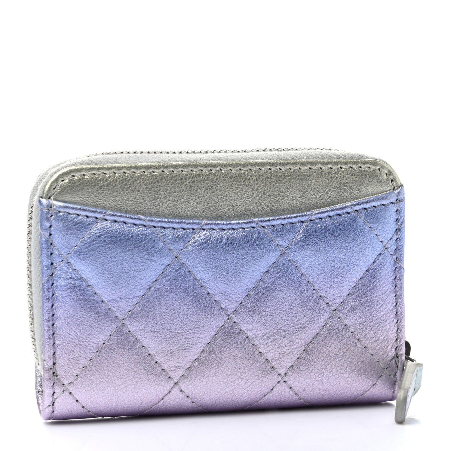 Chanel Gradient Metallic Calfskin Quilted Zip Around Coin Purse Wallet Silver Blue Yellow Purple 3 of 8