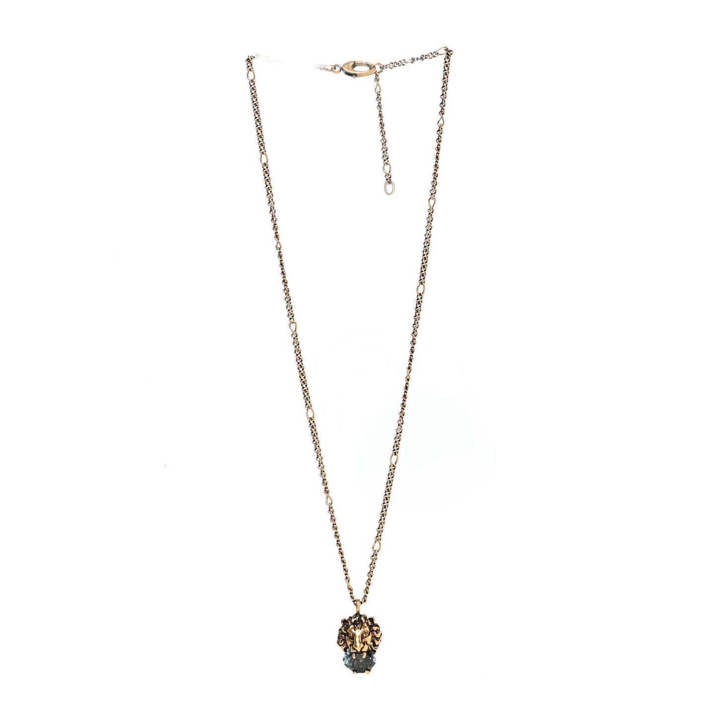 Metal Brass Swarovski Lion Head Necklace Gold Blue