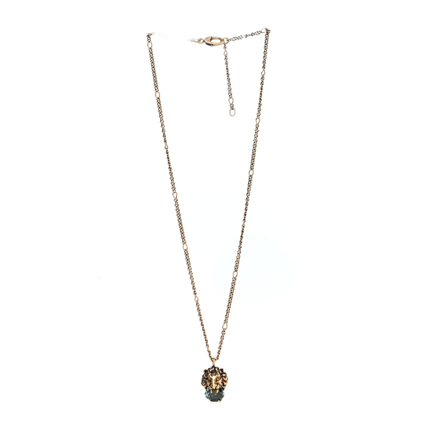 Gucci Metal Brass Swarovski Lion Head Necklace Gold Blue 3 of 6