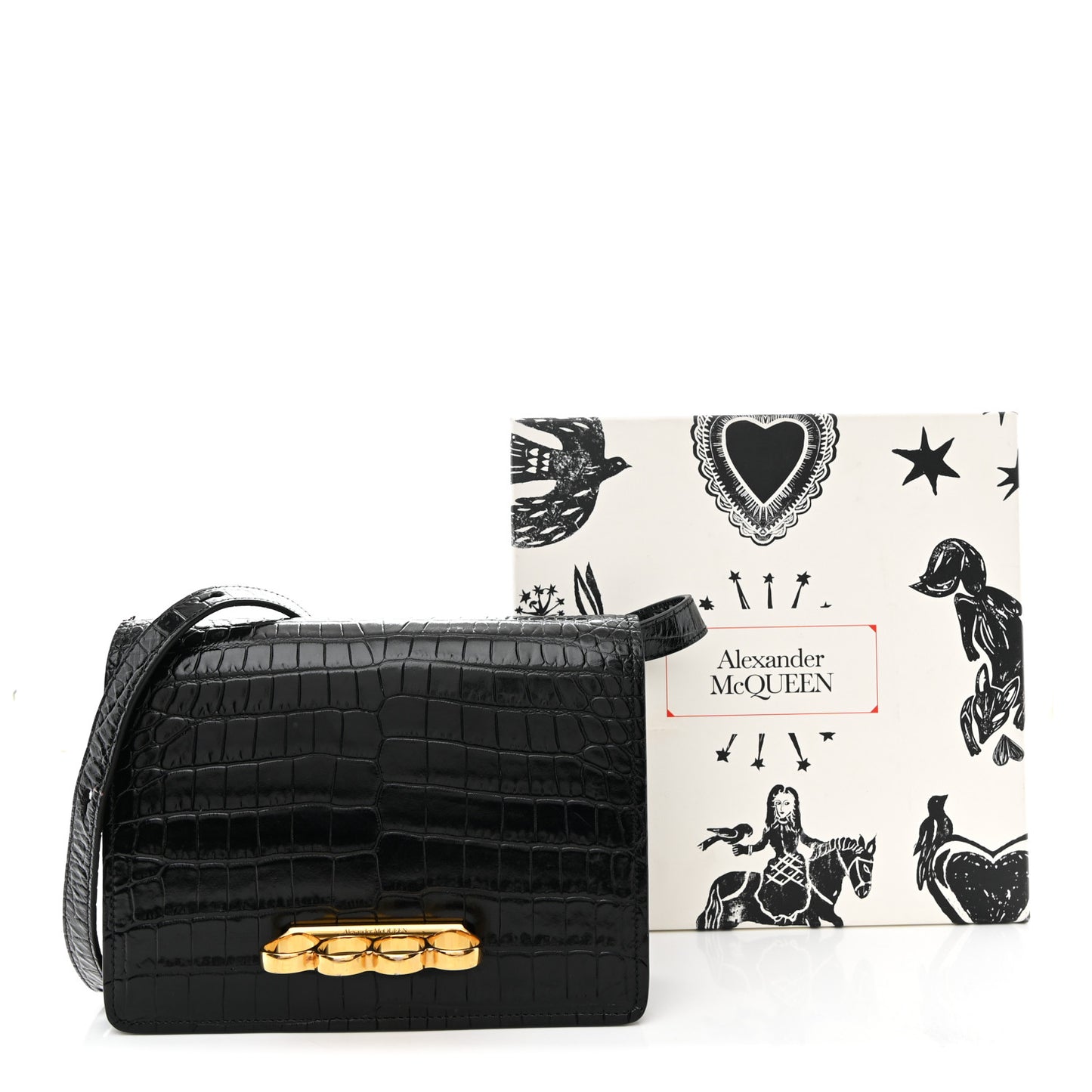 Calfskin Crocodile Embossed Four Ring Knuckle Crossbody Bag Black
