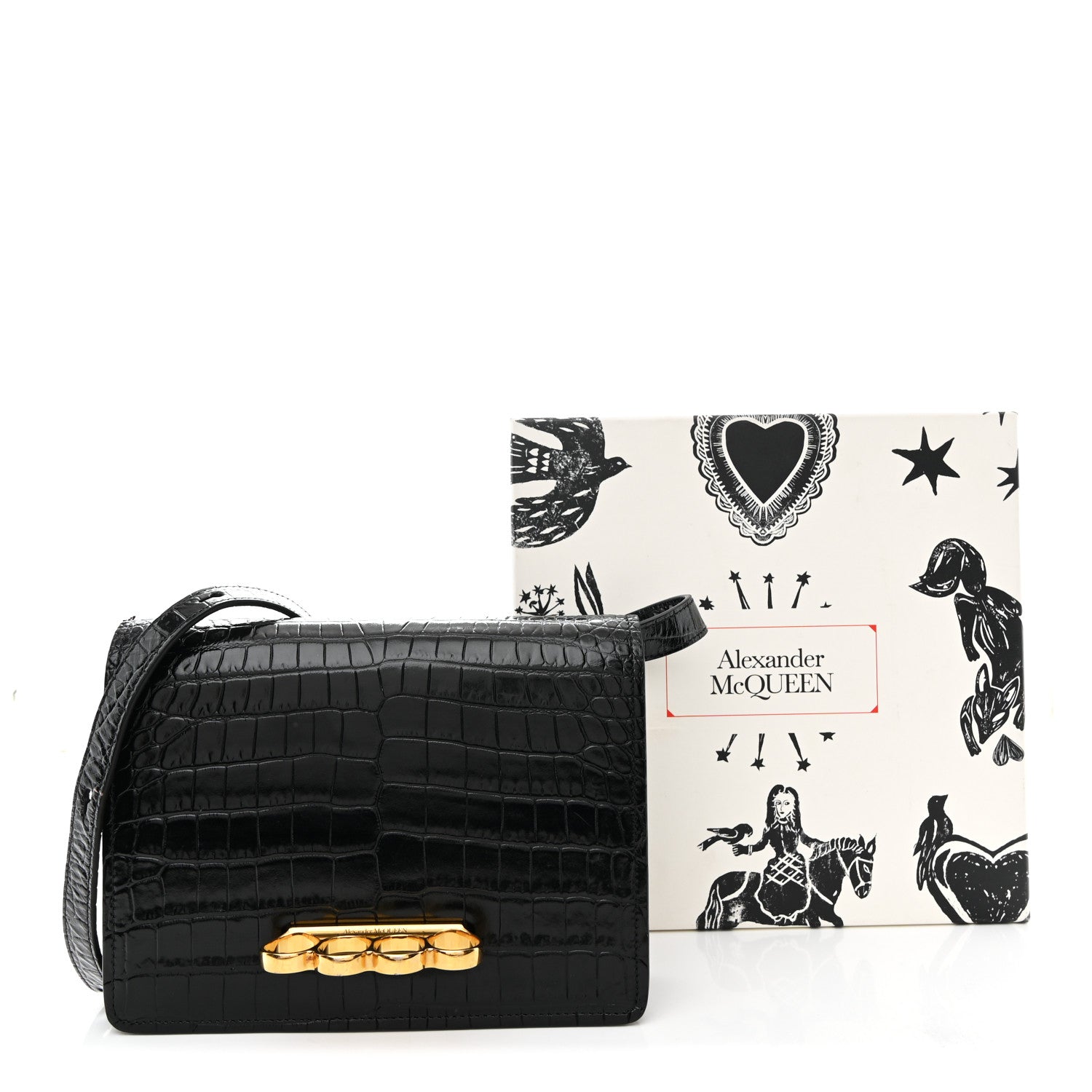 Alexander McQueen Calfskin Crocodile Embossed Four Ring Knuckle Crossbody Bag Black 12 of 12