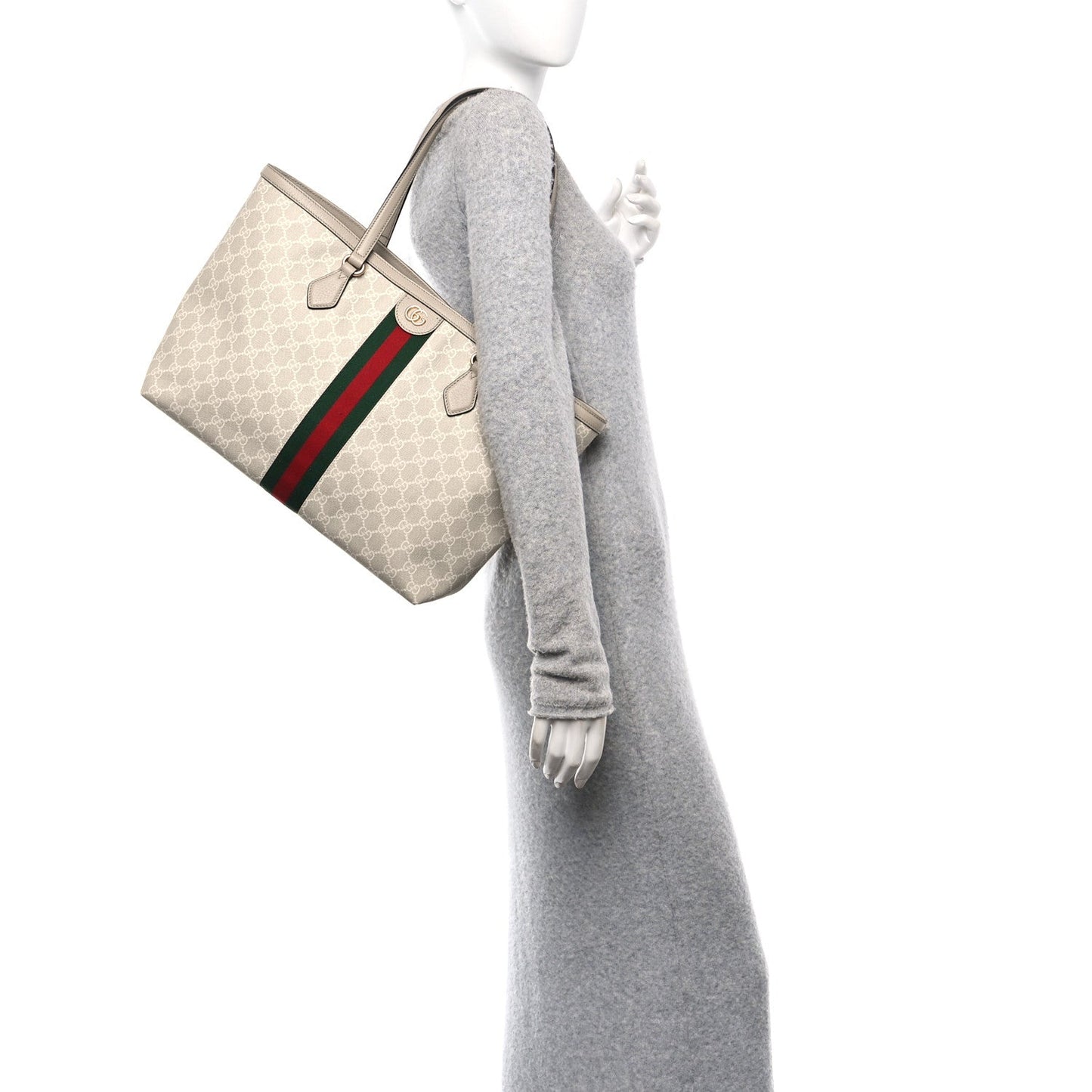 GG Supreme Monogram Textured Dollar Calfskin Web Large Ophidia Shopping Tote Beige Mystic White Oatmeal