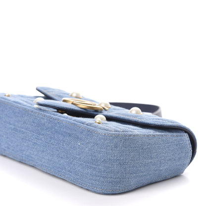Gucci Denim Matelasse Pearl Studded Mini GG Marmont Shoulder Bag Blue 11 of 12
