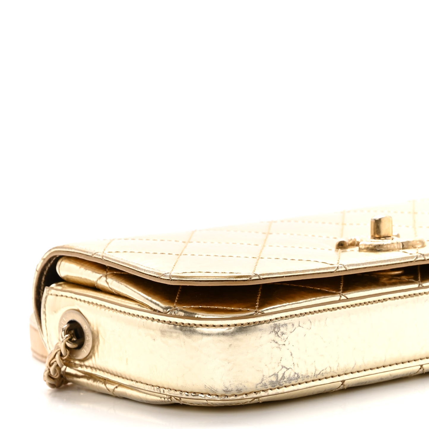 Hammered Metallic Calfskin Quilted Flap Gold