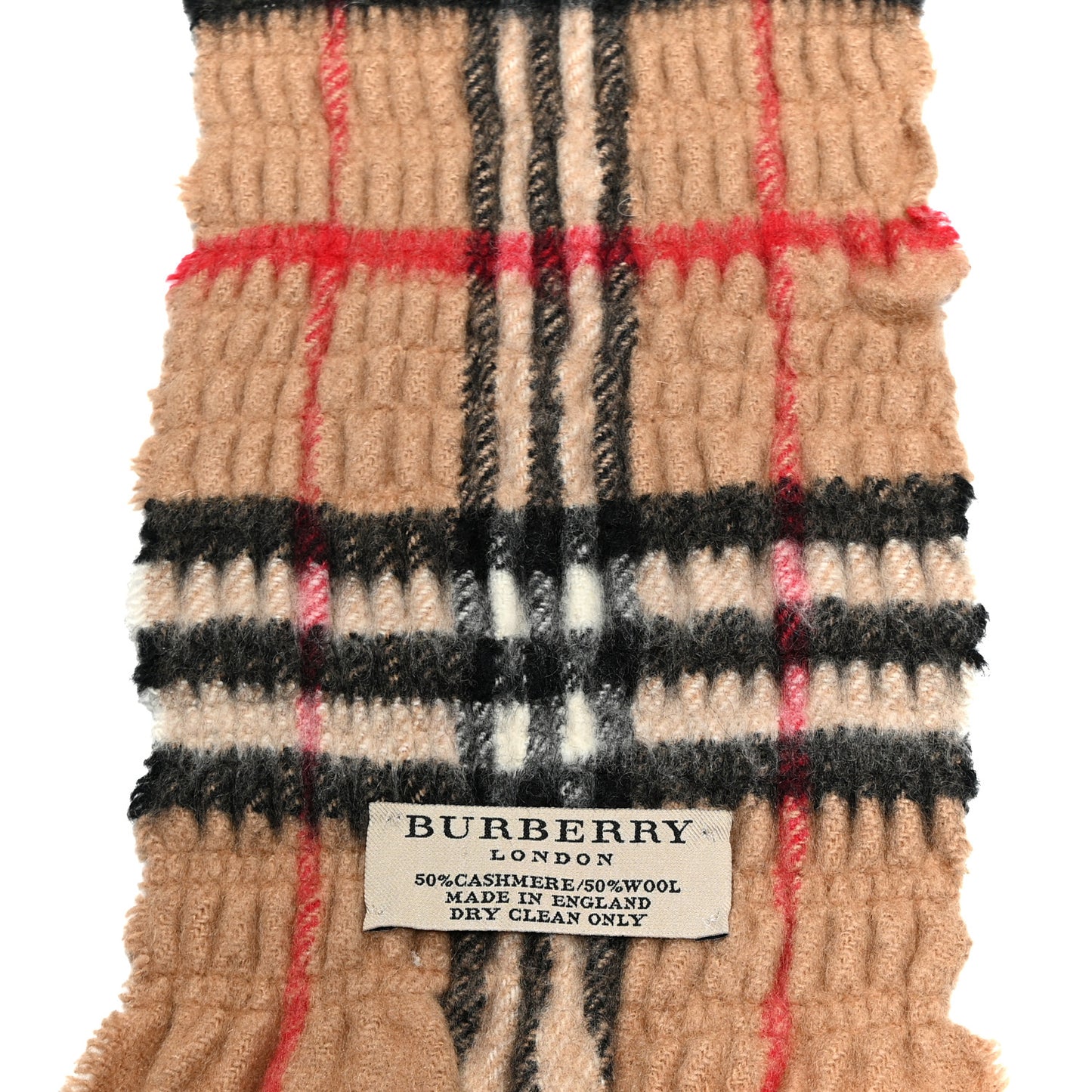 Cashmere Wool Vintage Check Scarf Fringe  Beige
