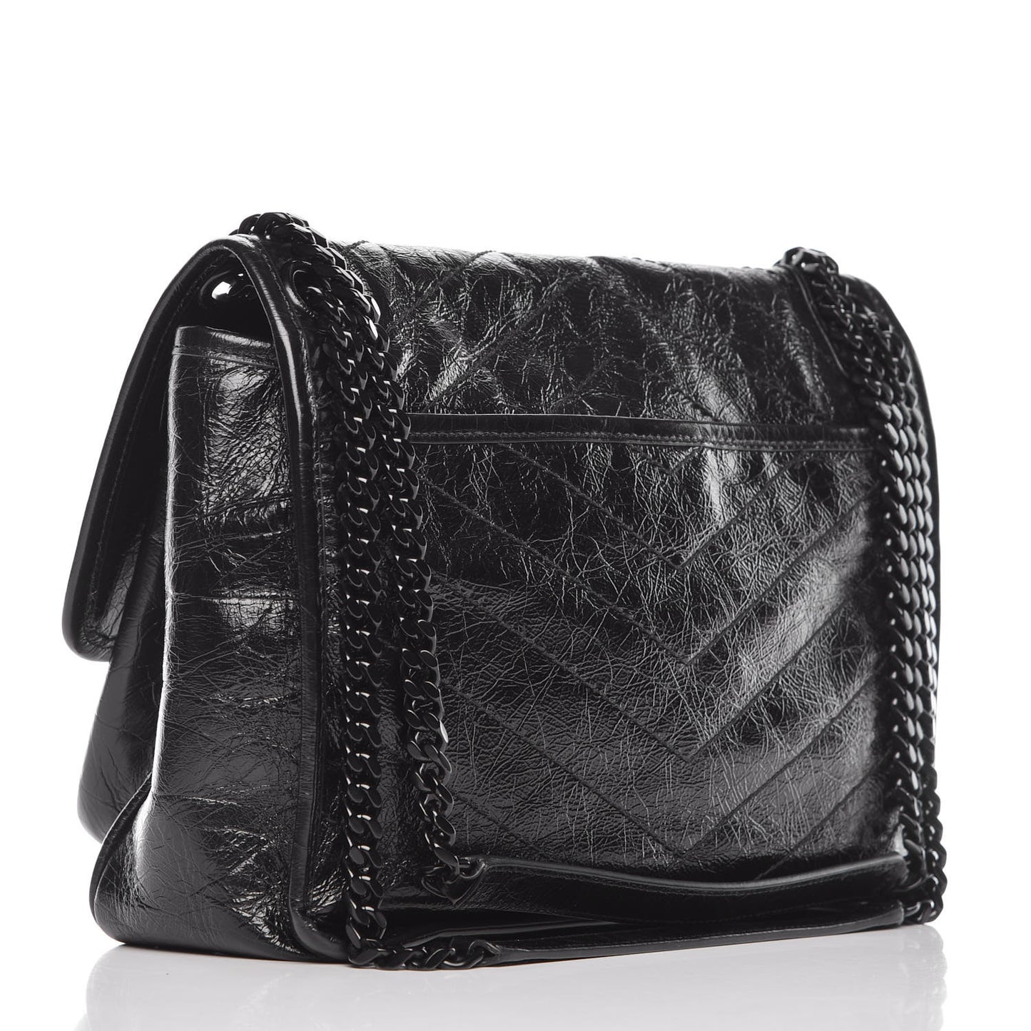 Crinkled Calfskin Matelasse Monogram Medium Niki Chain Satchel Black