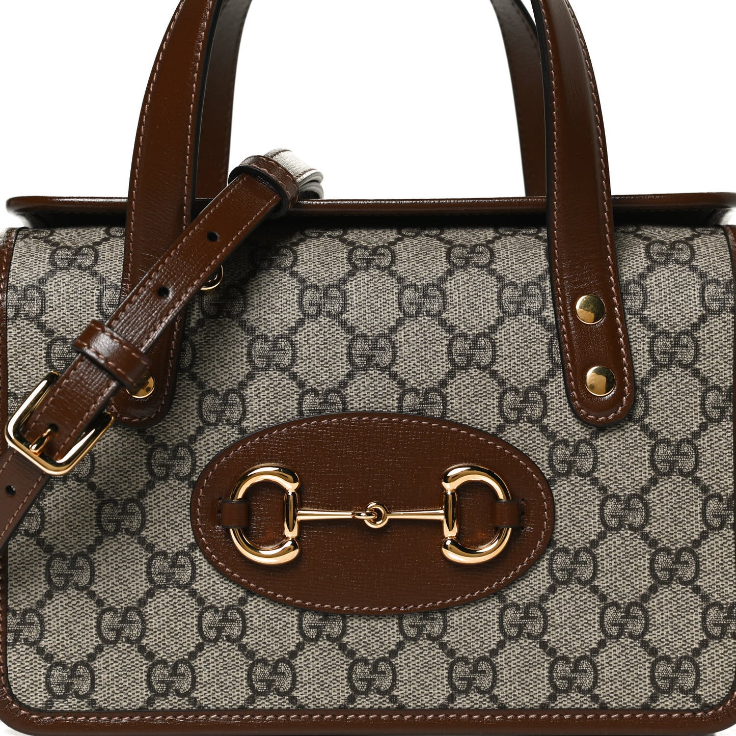 GG Supreme Monogram Azalea Calfskin Mini Horsebit 1955 Foldover Top Handle Bag Beige Ebony Brown Sugar