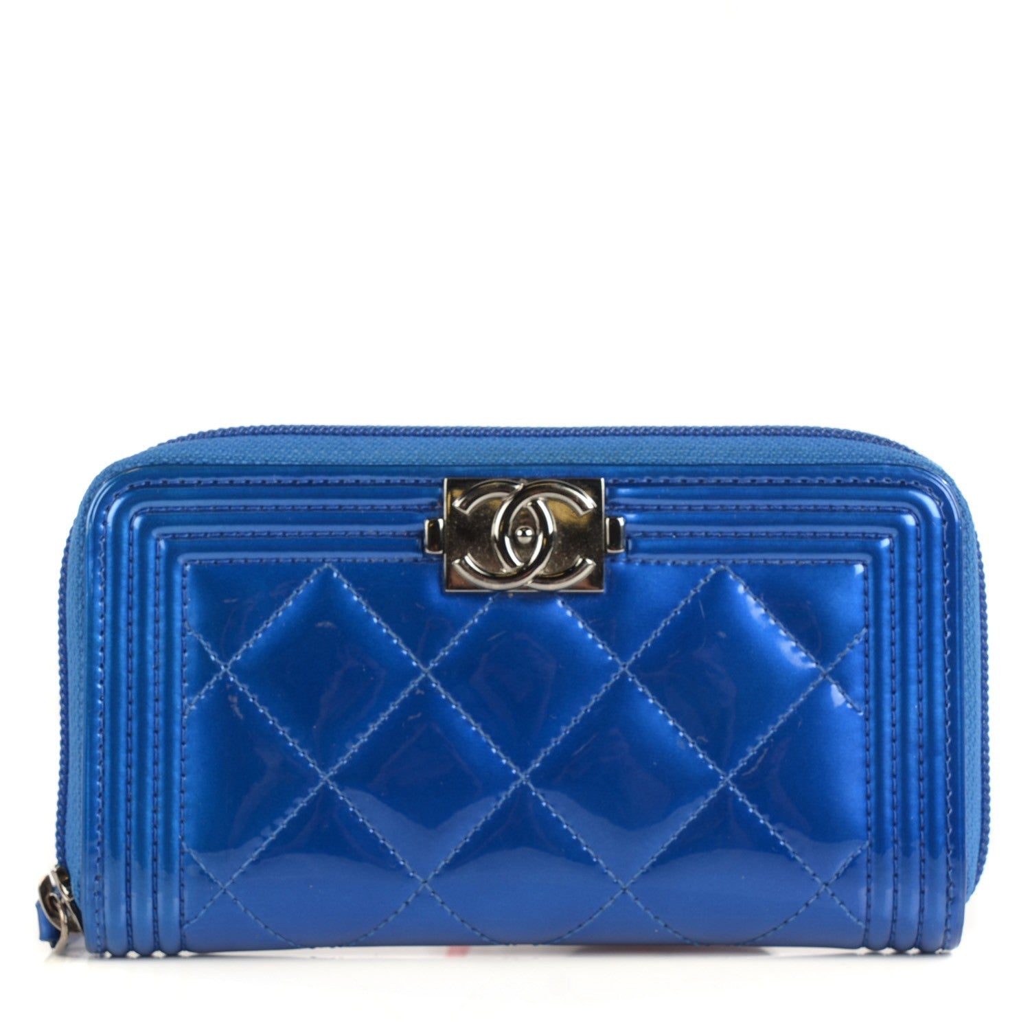 Chanel Metallic Patent Quilted Boy Zip Around Wallet Blue 1 of 9