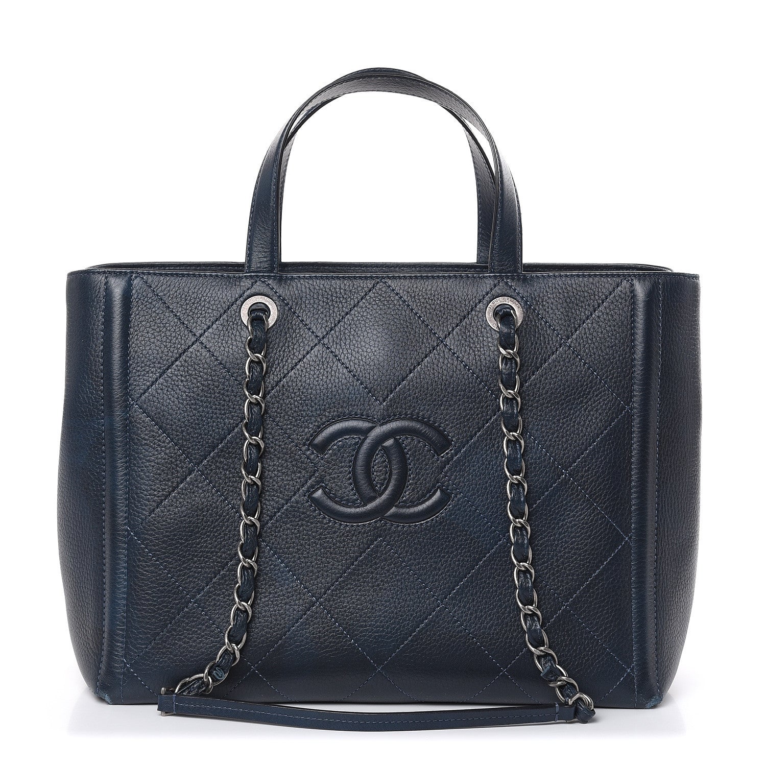 Chanel Deerskin Stitched Large CC Shopping Tote Navy 1 of 17