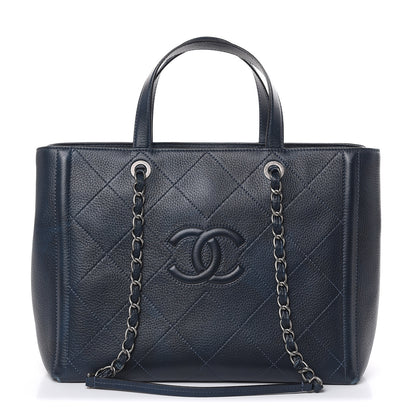 Chanel Deerskin Stitched Large CC Shopping Tote Navy 1 of 17