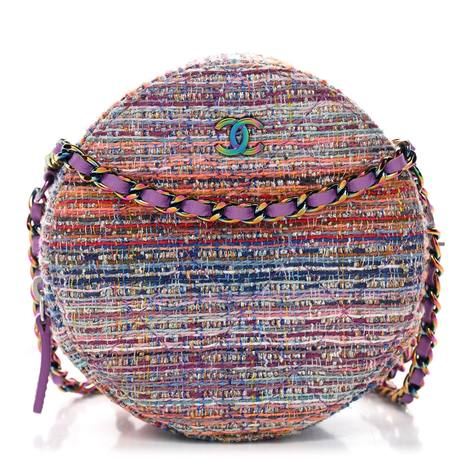 Chanel Tweed Quilted Round Clutch With Chain Blue Pink Orange 1 of 10
