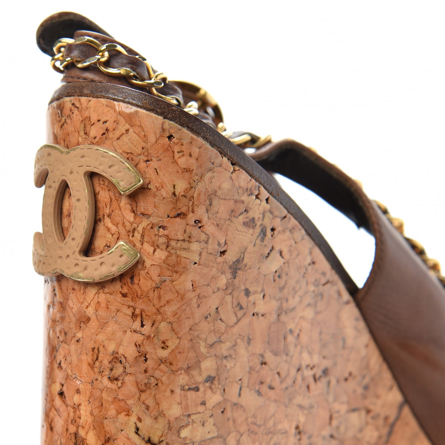 Lambskin Cork Chain CC Wedge Sandals 39 Brown