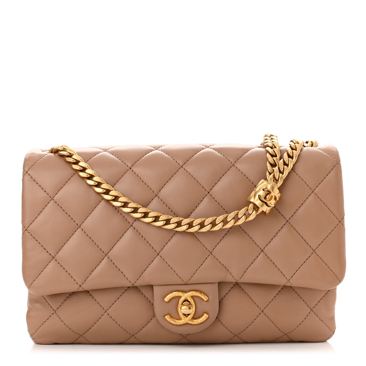 Lambskin Quilted Medium Pillow Crush Flap Beige