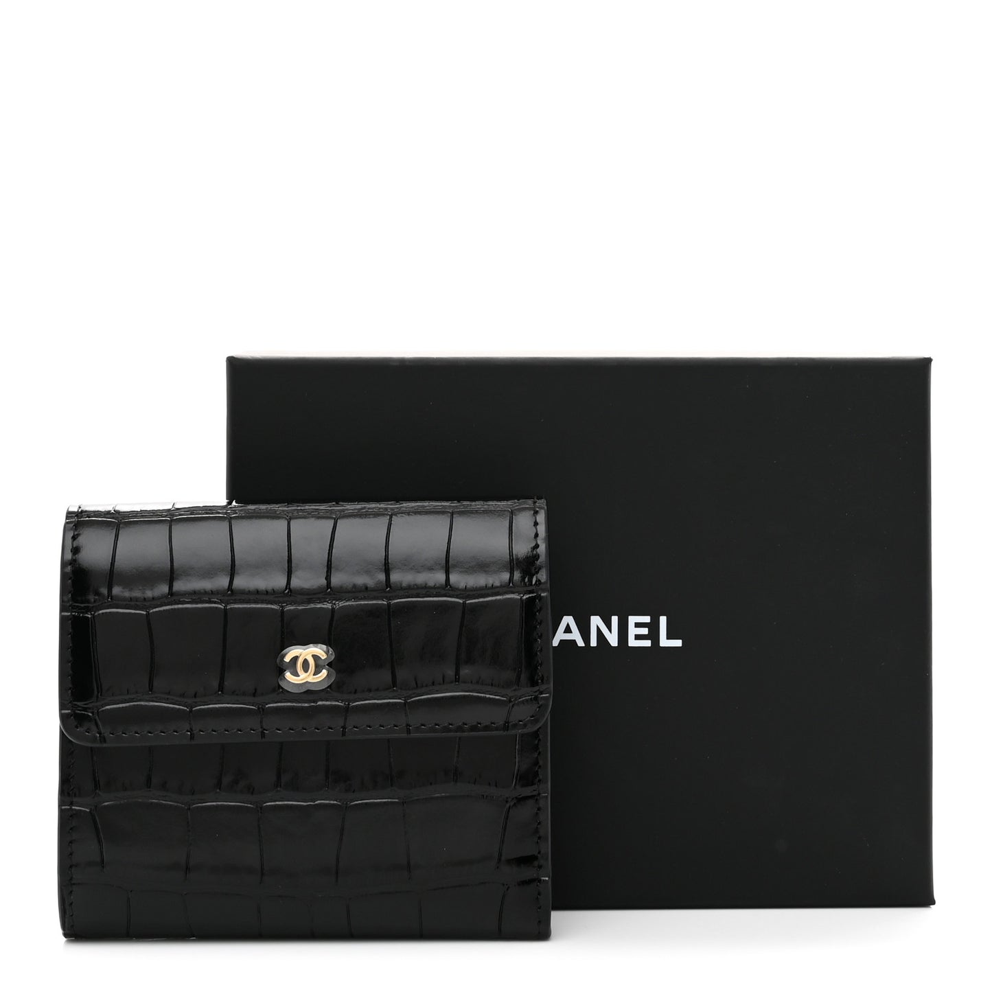 Calfskin Crocodile Embossed Crococo Flap Wallet Black