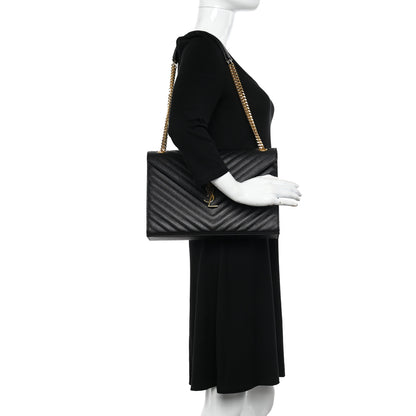 Saint Laurent Grain De Poudre Matelasse Chevron Large Monogram Satchel Black 2 of 9