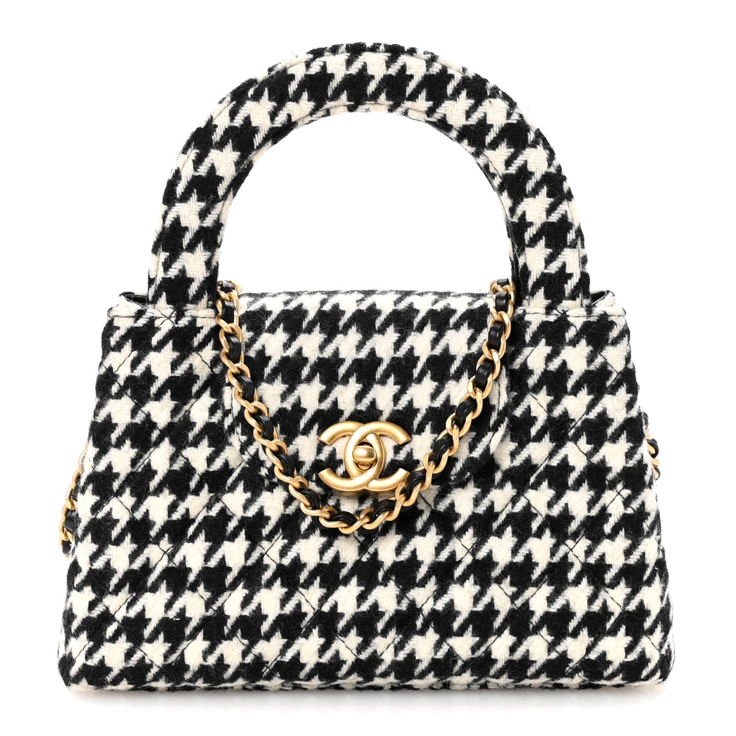 Chanel Tweed Houndstooth Quilted Nano Kelly Shopper Black White 1 of 10