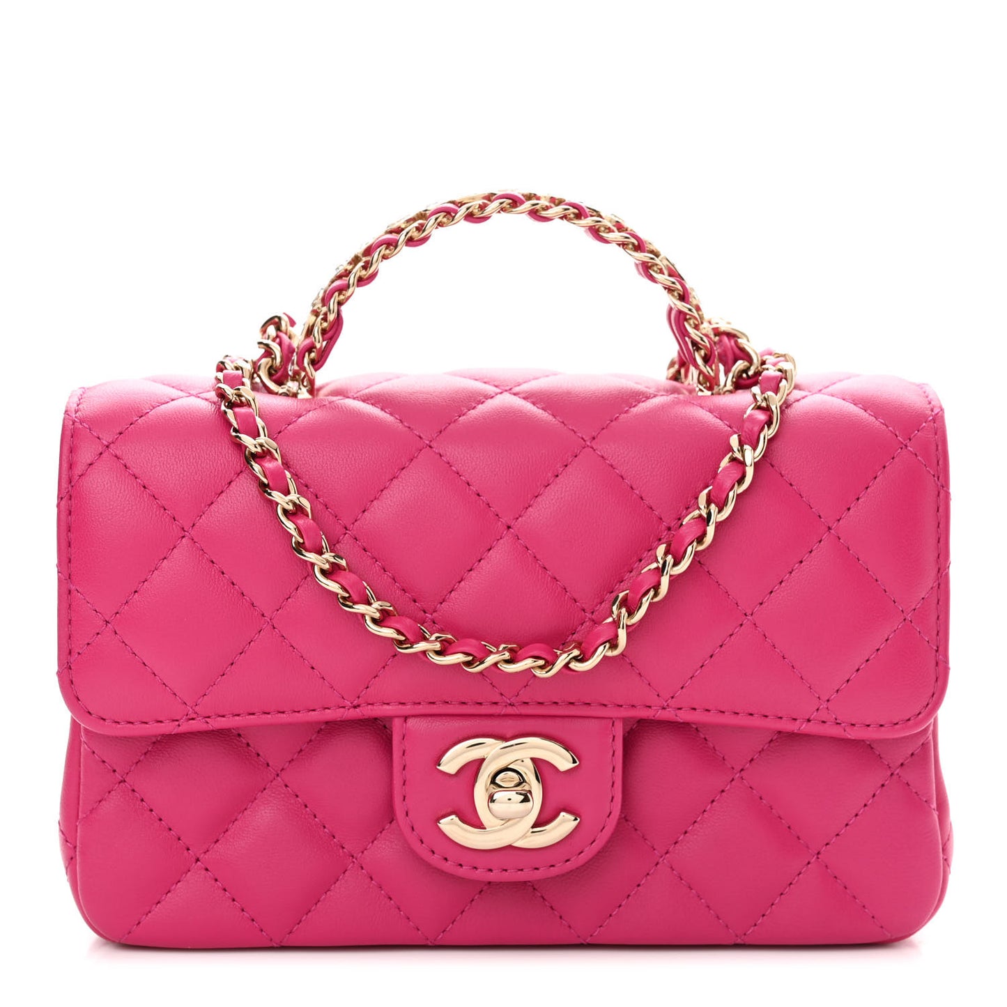 Lambskin Quilted Mini Crystal Top Handle Rectangular Flap Dark Pink