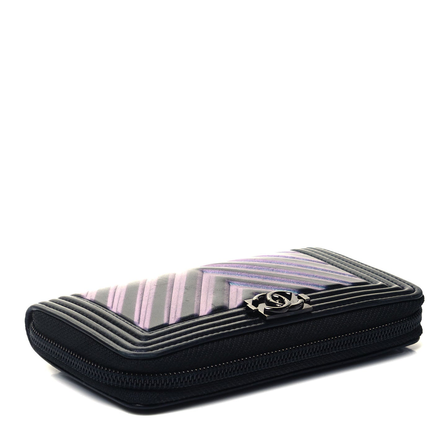 Calfskin Painted Chevron Embossed Small Boy Zip Wallet Black
