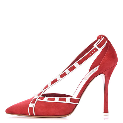 Valentino Garavani Suede Free Rockstud Cross Strap D'Orsay 105mm Pumps 37.5 Rosso Valentino White 1 of 8