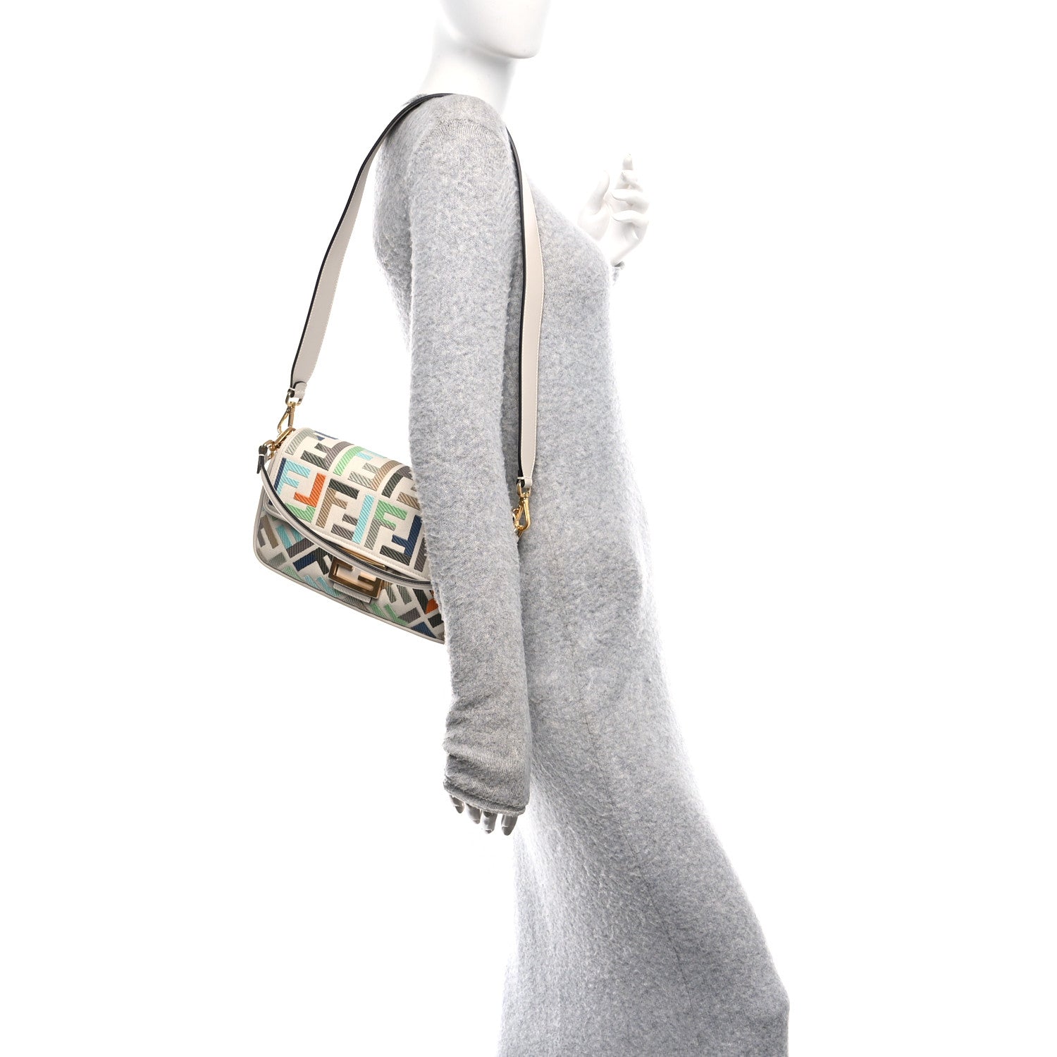 Fendi Canvas Vitello Seta FF Multicolor Embroidered Baguette Grezzo Multicolor Latte 2 of 10