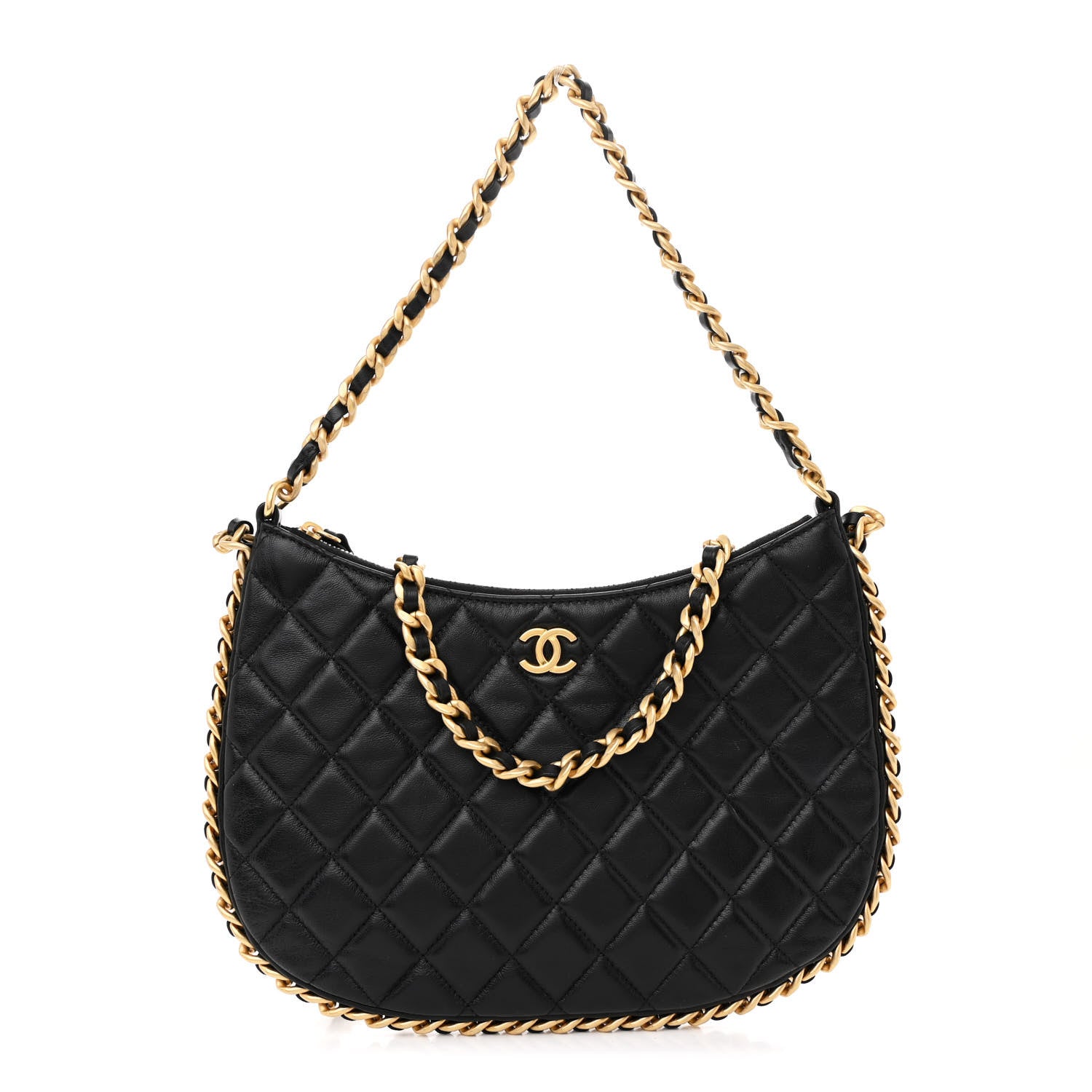 Chanel Shiny Crumpled Lambskin Quilted Large Trendy Chain Around Hobo Black 1 of 11