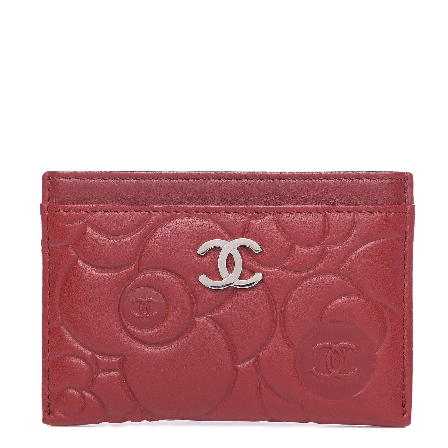 Lambskin Camellia Embossed Card Holder Red