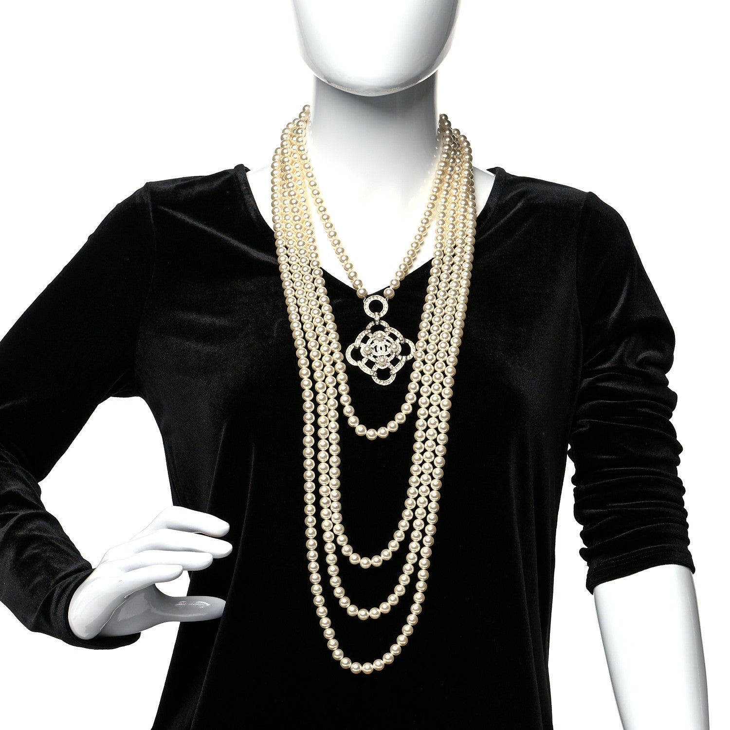 Chanel Pearl Crystal CC Multi Strand Necklace Silver 2 of 11
