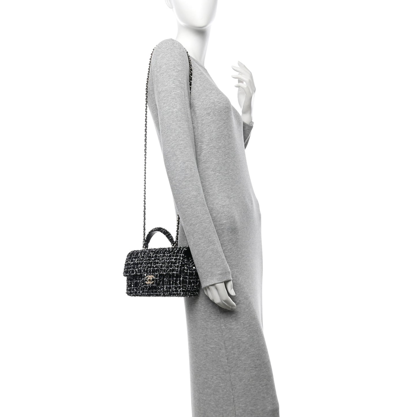 Tweed Quilted Mini Top Handle Rectangular Flap Black White