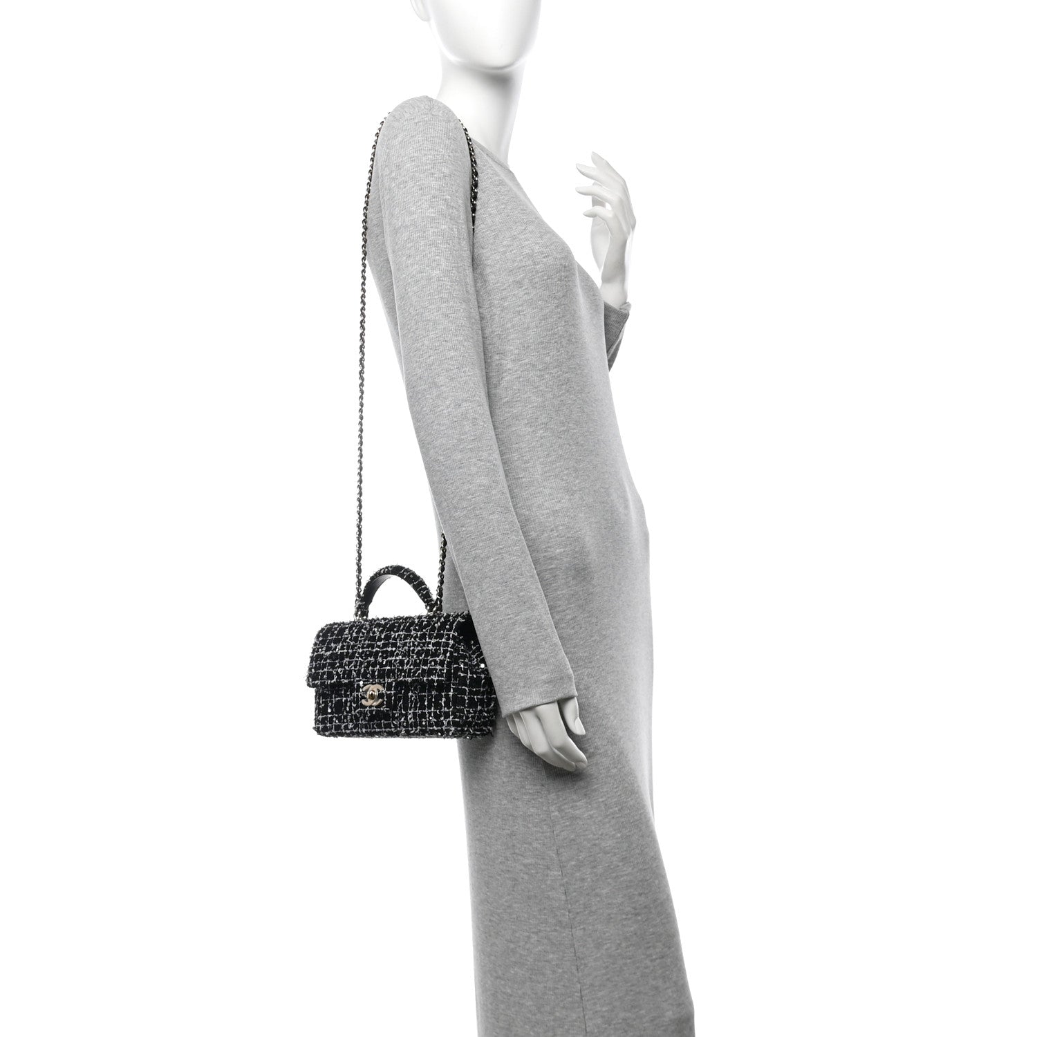 Chanel Tweed Quilted Mini Top Handle Rectangular Flap Black White 3 of 11