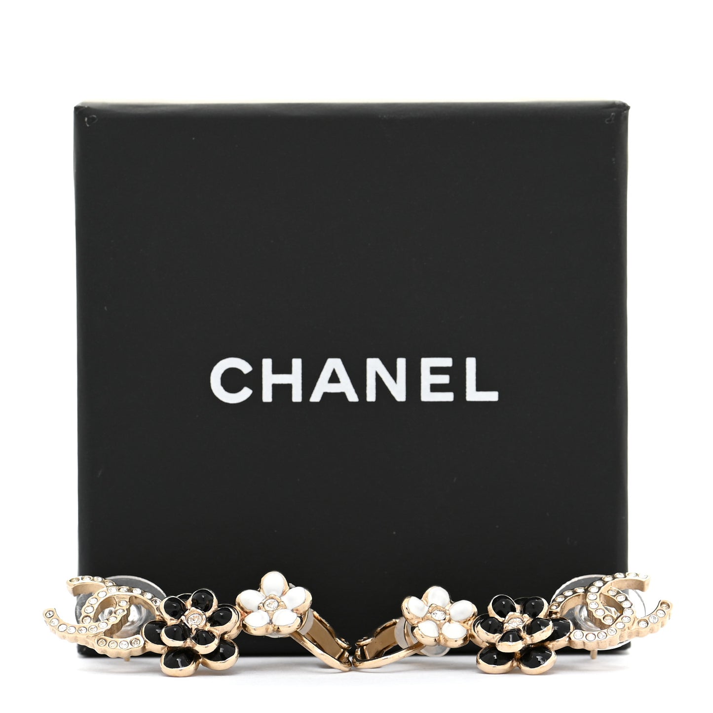 Crystal Enamel Flower CC Earrings Gold White Black