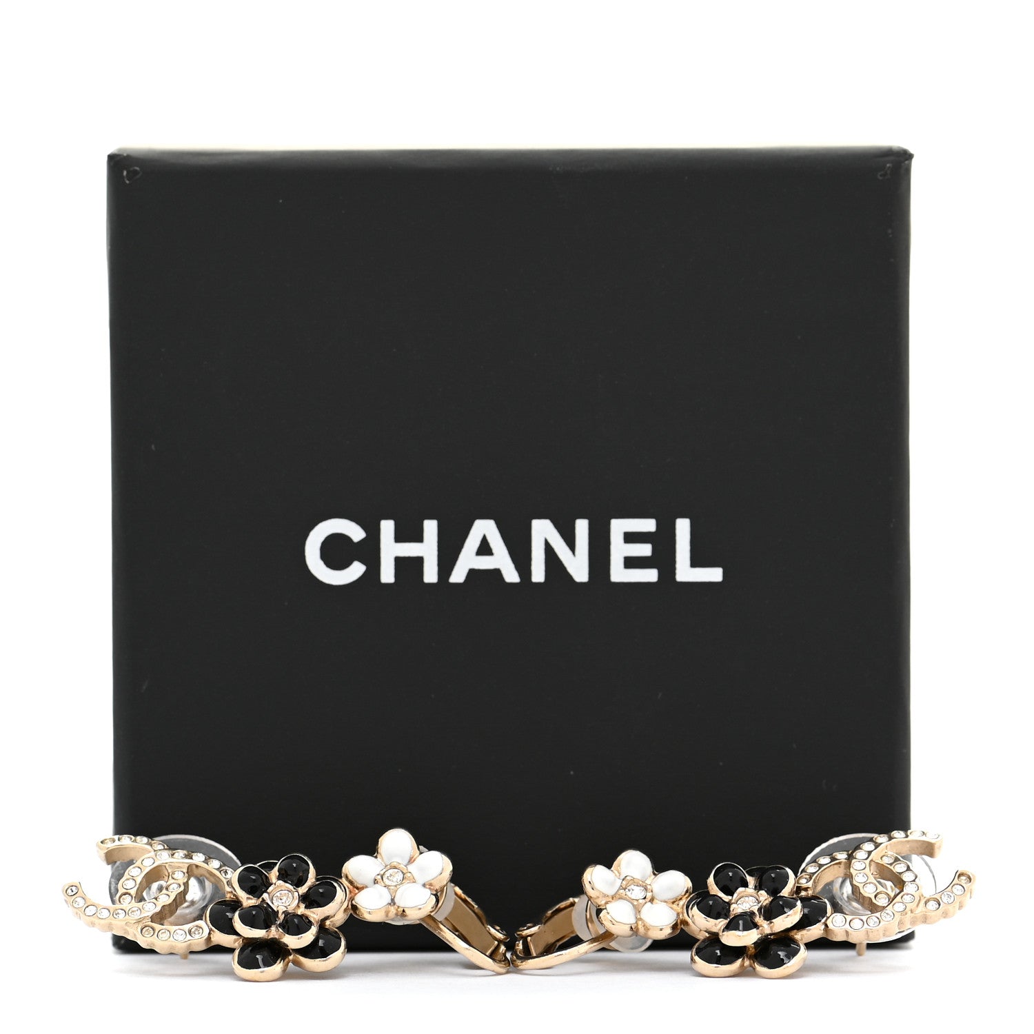 Chanel Crystal Enamel Flower CC Earrings Gold White Black 6 of 6